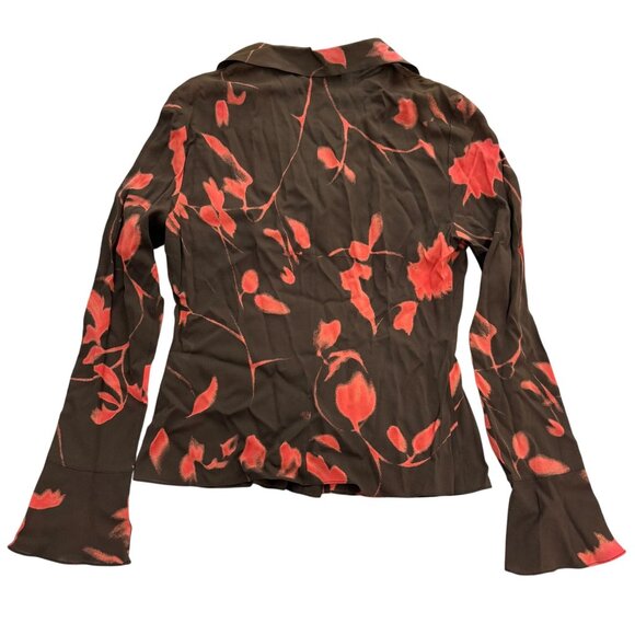 Tahari Top Womens 8 Silk Blend Floral Button Up Sheer Boho Flared Sleeves Brown - Picture 3 of 7